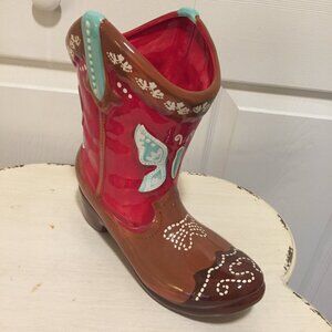 Pioneer Woman Boot Planter Red Teal Butterfly Country Cowgirl Decor Ceramic 10"